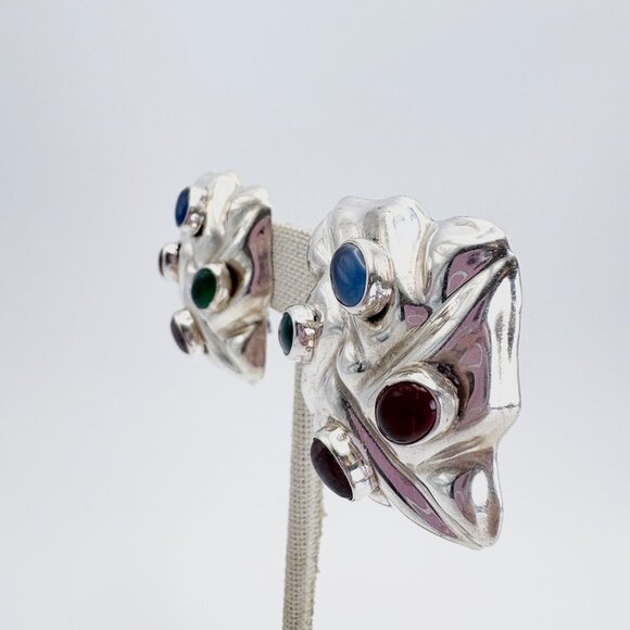 Sterling Silver 925 Multicolor Gemstone Puffed Clip On Earrings 1.25" Length - Picture 4 of 10